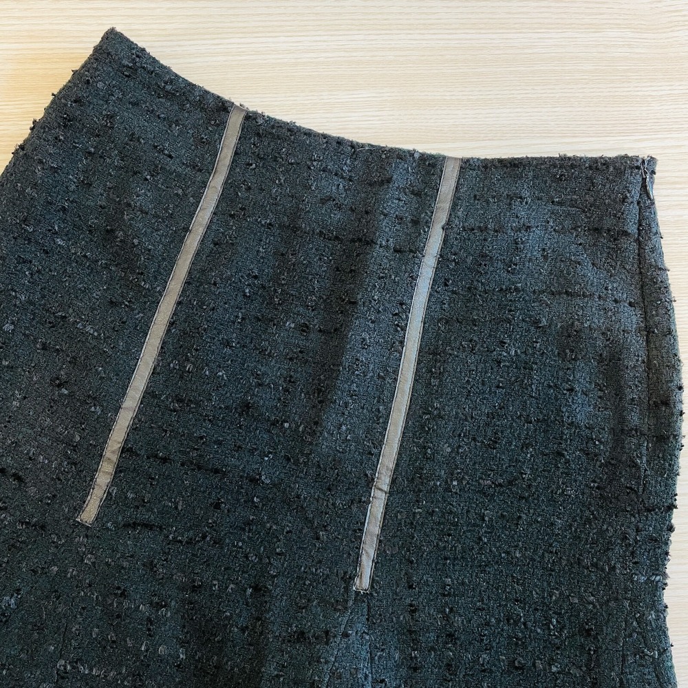 Cache Womens Black Textured Tweed Mini Skirt Faux Leather Trim Fringe Hem Size 4